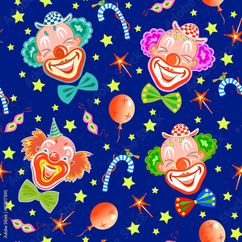 Seamless pattern with laughing cute clowns in dark blue background.