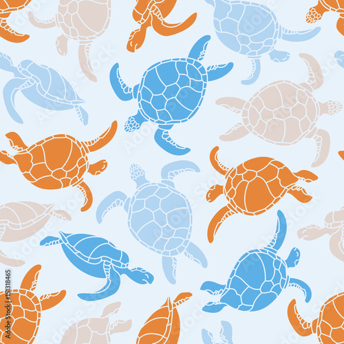 Cheloniidae. Seamless pattern with turtles. Silhouette. Animal world under water. Ocean. Vector illustration.