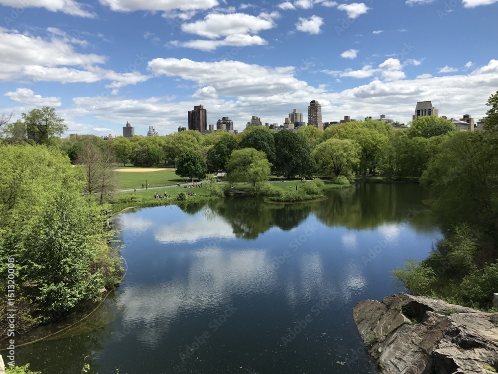 lake in Central Park on a sunny spring afternoon with clouds