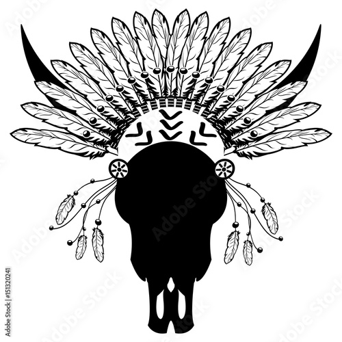 Warrior style Wild Animal Skull  with tribal Headdress with plain feathers, decorative band and beads  in white and black symbolizing native American people 