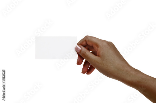 African female hand holds white card on a white background.