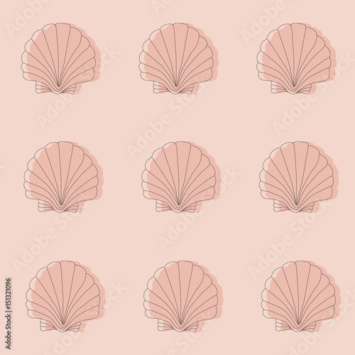 Seamless pink pattern with seashells. Line work.