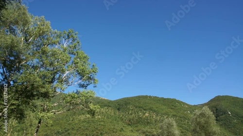Beautiful views of forest lake with reflection. Fisherman with a fishing rod.