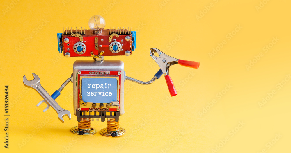 Repair service robot handyman master with hand wrench red pliers ...