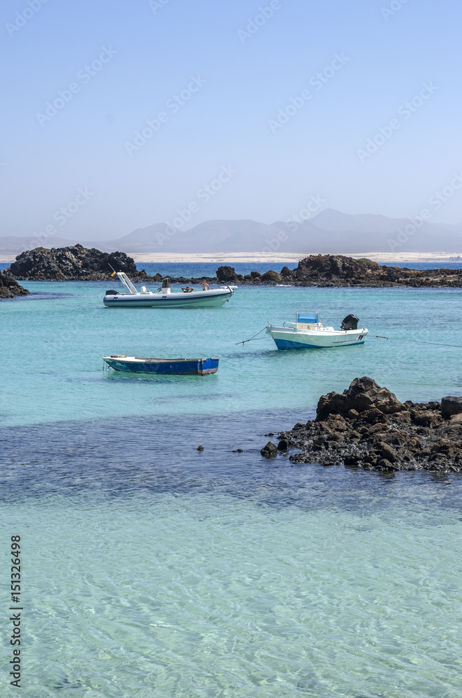 Boats in Lobos Island in Canary Islands, Spain.