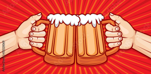 two hands toasting glasses of beer vector illustration (party celebration design)