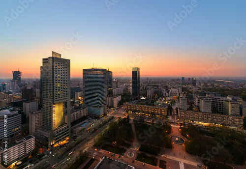 Warsaw city with modern skyscraper after sunset