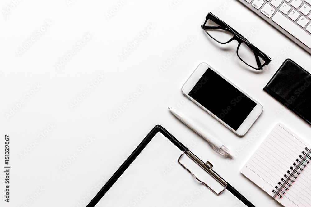 modern flat lay with office items on white desk background top view mockup modern flat lay with office items on white desk background top view mockup