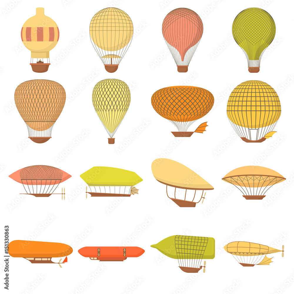 Airship balloons icons set, cartoon style Airship balloons icons set, cartoon style