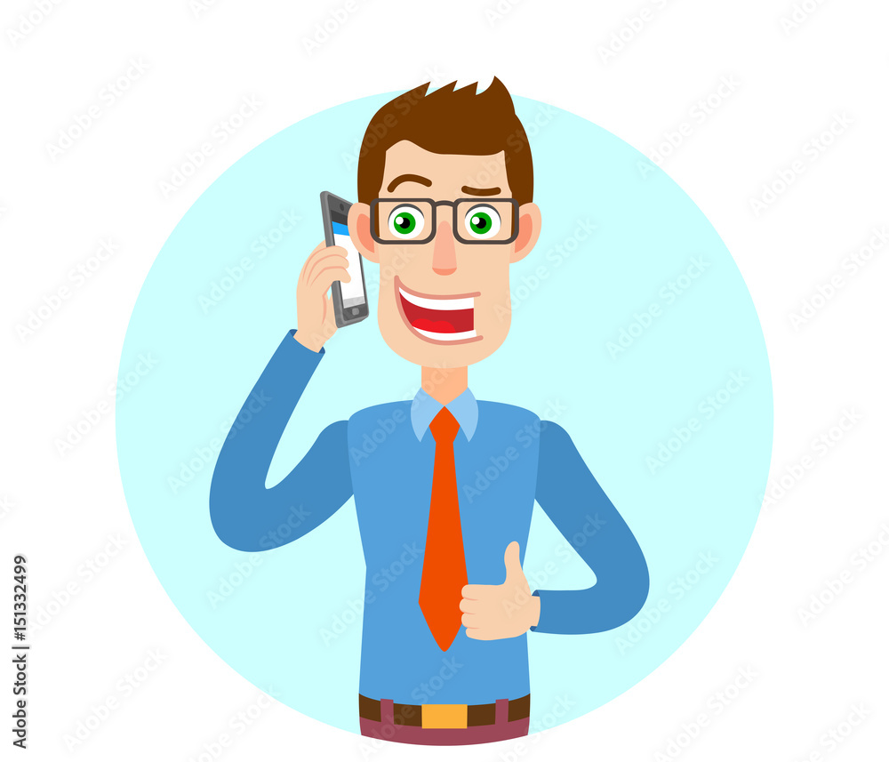 Businessman talking on mobile phone and showing thumb up