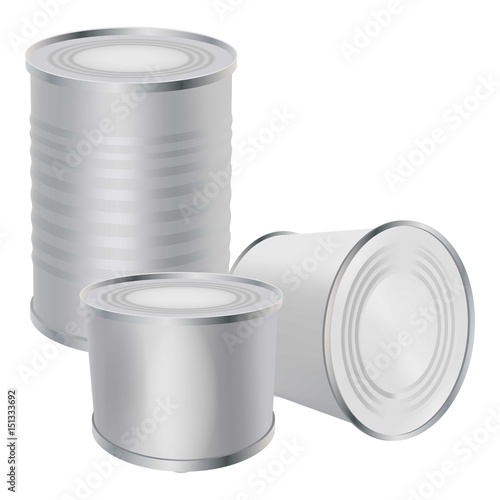 Blank tin cans mockup, realistic style