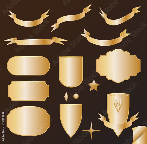 vector set Golden design elements - blank seals, plaques, shields / emblems, badges, ribbons, scrolls and jewelry