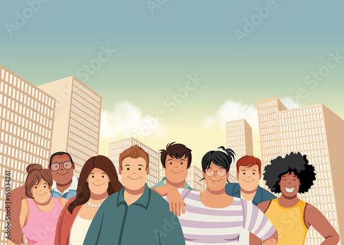 Cartoon fat young people in the city. Plus size teenagers.

