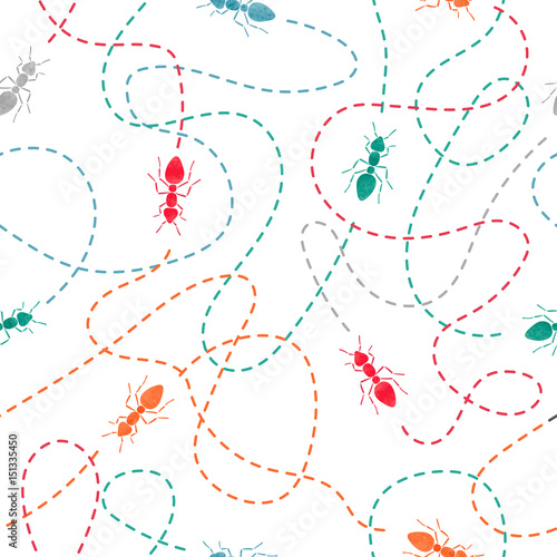 Seamless watercolor ants with traces pattern. Vector background.