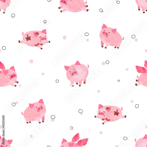Seamless cute pigs pattern for kids design. Vector watercolor cartoon piggy background.