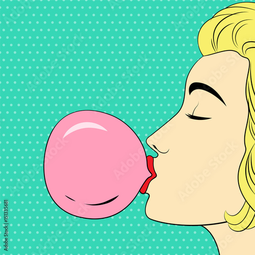 Girl blowing bubble gum. Vector illustration in comic style