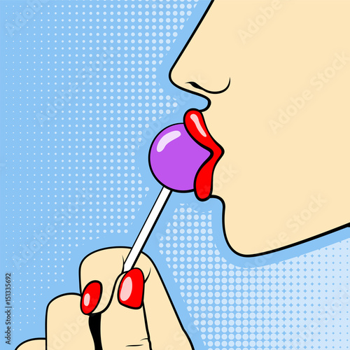 Girl eating a lollipop illustration in comic style. Close-up. Vector