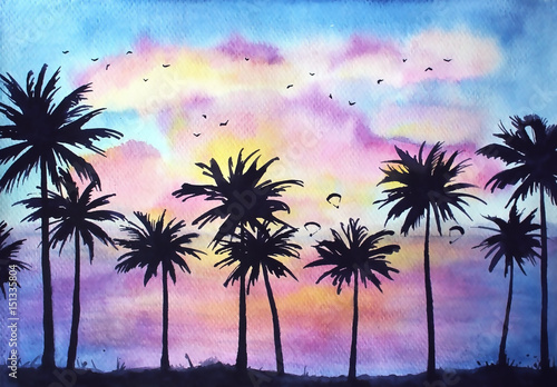 Fototapeta Naklejka Na Ścianę i Meble -  Watercolor dramatic tropical sunset landscape, vivid tropical background