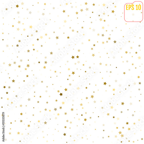 Random falling gold stars on white background. Glitter pattern for banner, greeting card, Christmas and New Year card, invitation, postcard, paper packaging. Vector illustration