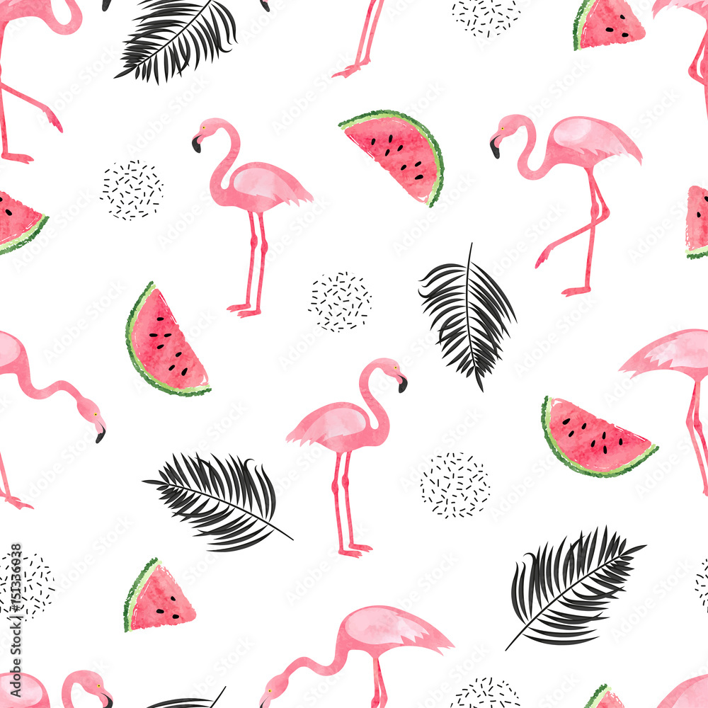 Fototapeta Bezszwowe tropikalny modny wzór z akwarela flamingi, arbuz i liści palmowych. Tło wektor lato.