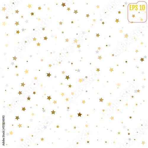 Random falling gold and silver stars on white background. Glitter pattern for banner, greeting card, Christmas and New Year card, invitation, postcard, paper packaging. Vector illustration