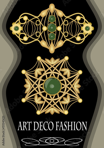 Luxurious art deco brooch with green gems emerald, fashion in victorian style, antique jewel
