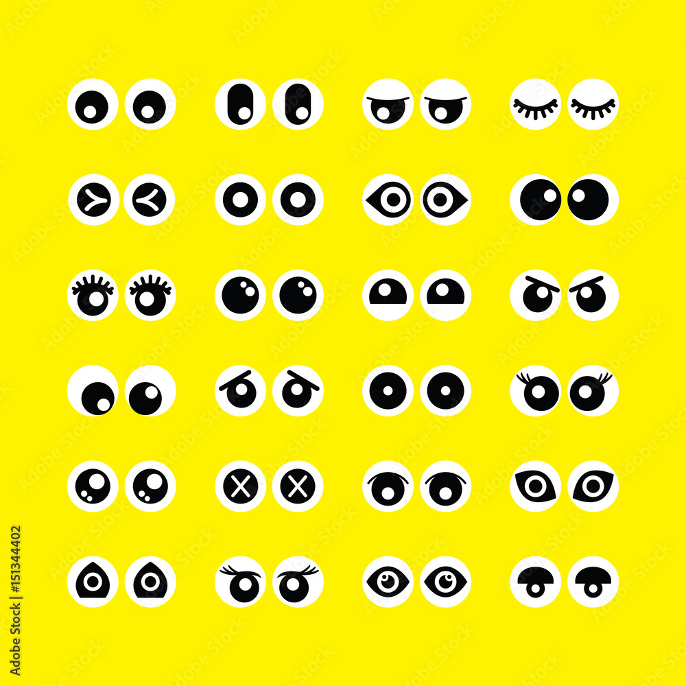 Fototapeta premium Cute assorted cartoon circle eyeballs emoji icons set on yellow background
