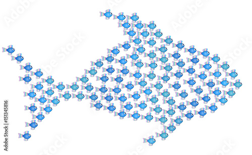 Little fishes get together forming a big fish to be strong, safe and powerful - isolated vector illustration on white background.