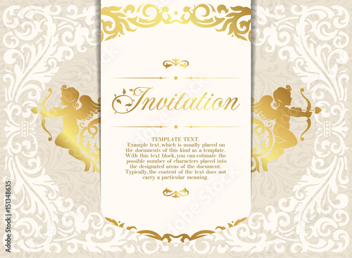 Retro Invitation or wedding card with damask background and elegant floral elements and silhouettes of two cupids