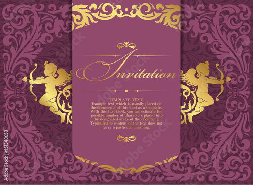 Retro Invitation or wedding card with damask background and elegant floral elements and silhouettes of two cupids