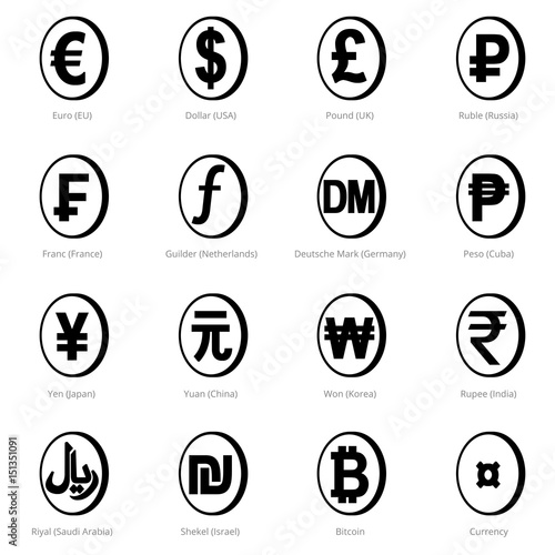 World Currency Signs Placed In The Stylized Circles Euro Dollar Pound Ruble Franc Guilder Deutsche Mark Peso Yen Yuan Won Rupee Riyal Shekel Bitcoin Stock Vector Stock Vector Adobe Stock