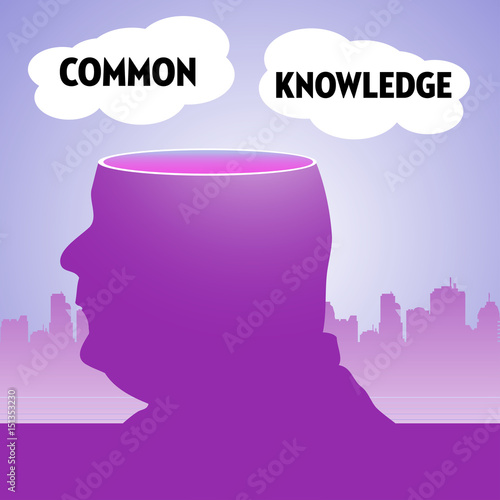 Abstract colorful background with man with his head sliced off and two clouds with the text common knowledge floating above his head