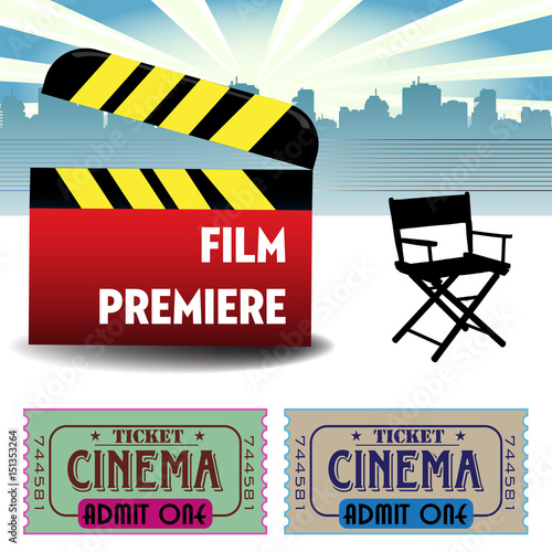 Colorful background with red clapboard, director`s chair and two cinema tickets.