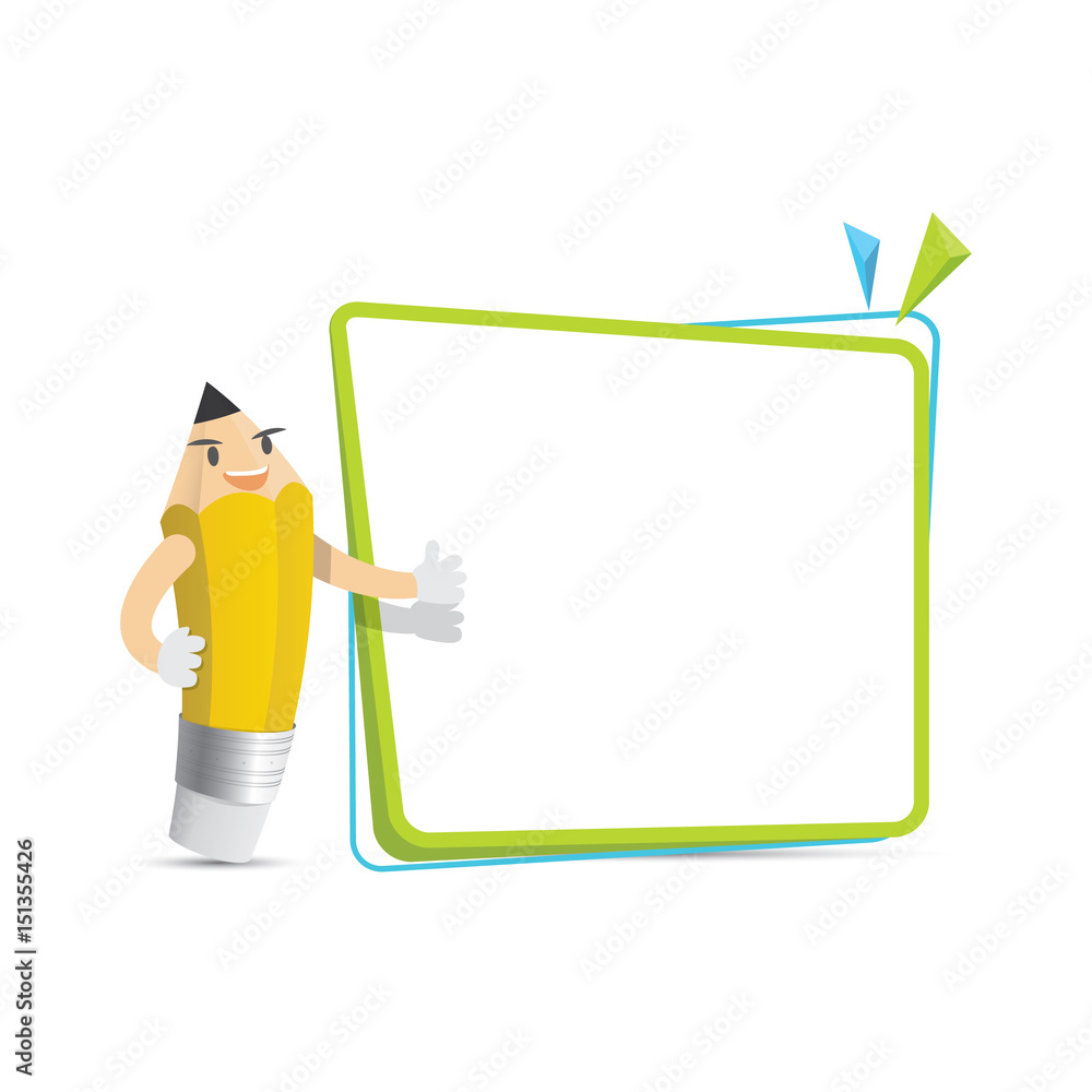 Pencil character cartoon design and text box frame for message illustration vector. Education concept. Pencil character cartoon design and text box frame for message illustration vector. Education concept.