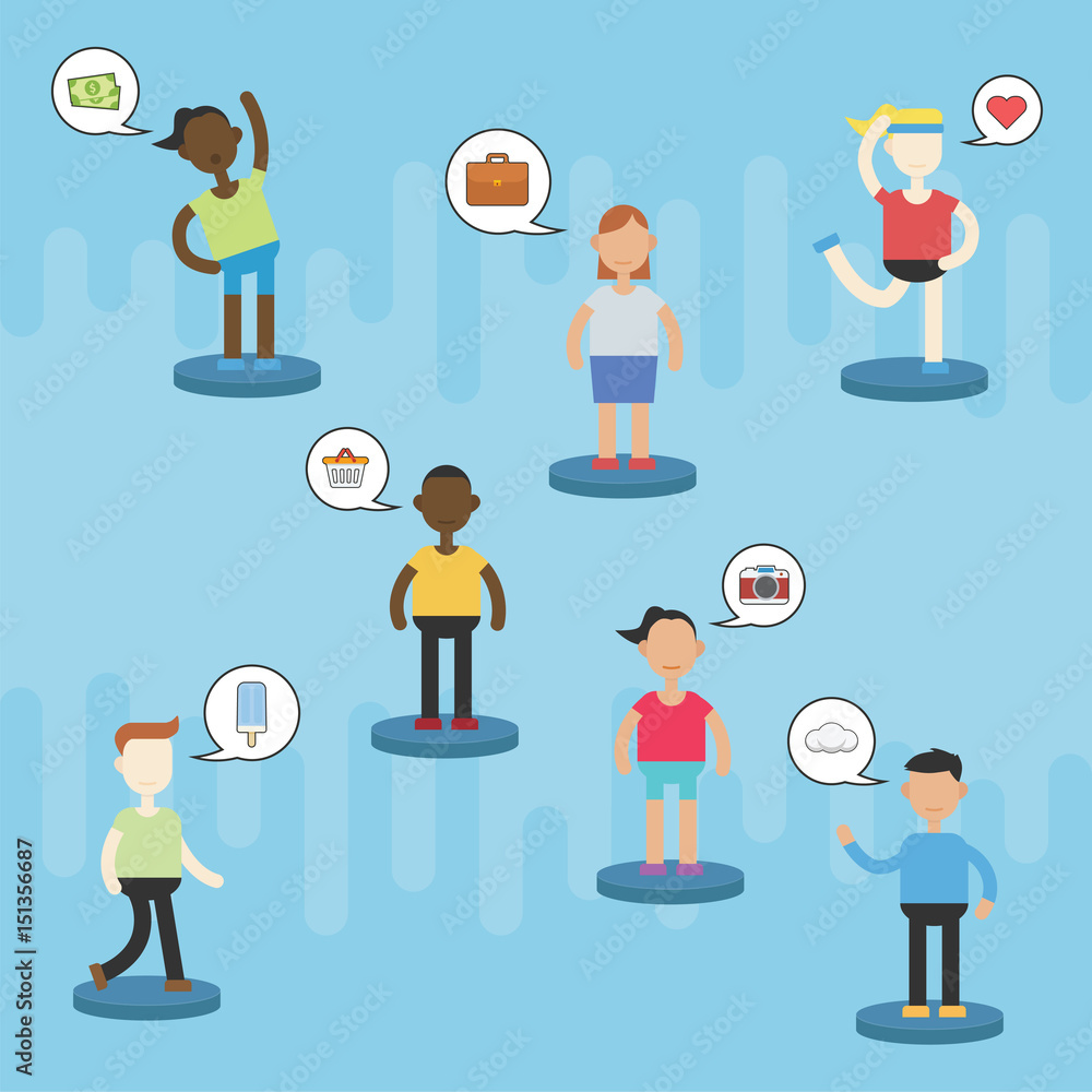 People with different activity and thought with speech bubble