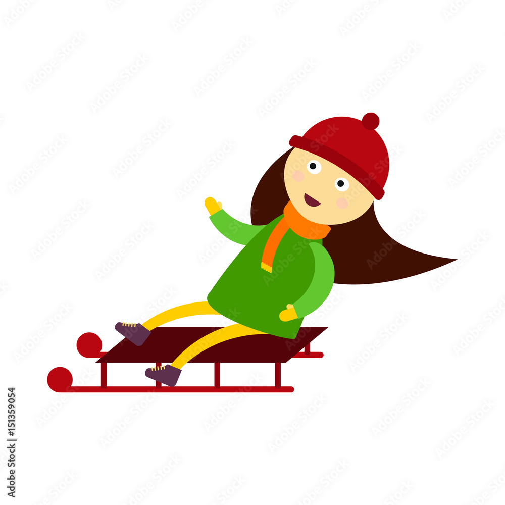 Christmas kid playing winter games sledding girl playing cartoon new year holiday traditional vector character