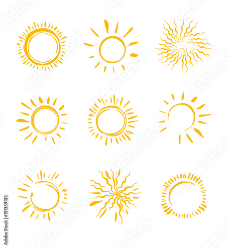 Nine painted sun symbols. Vector set of solar icons.