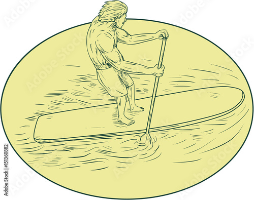 Surfer Dude Stand Up Paddle Oval Drawing