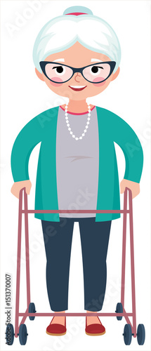 Old smiling woman standing in full body leaning on a walker