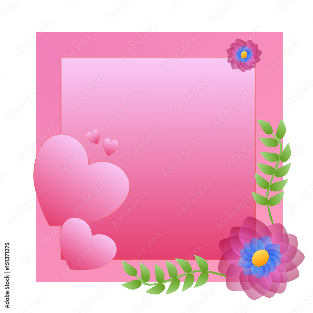 A pink frame with hearts and flowers with copy space