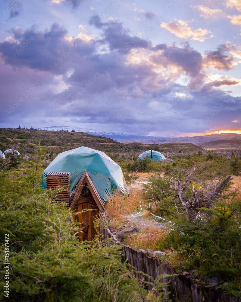 Yurt in the fields of Patagonia at Sunrise