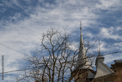 Blue sky clouds branch roof