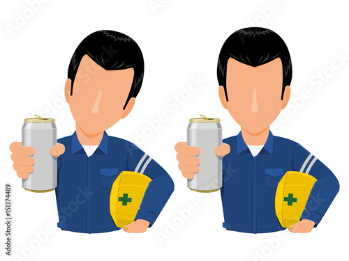 Industrial worker is giving an soft drink can on transparent background
