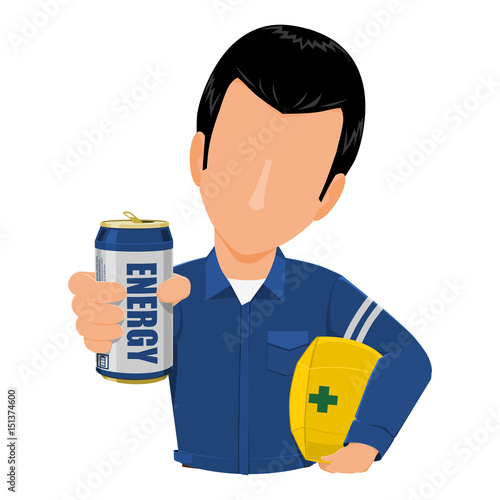 Industrial worker is giving an soft drink can on transparent background
