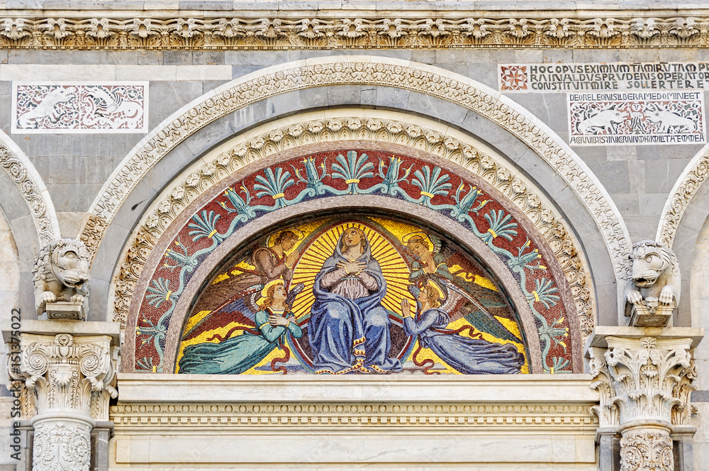 Mosaic by Giuseppe Modena da Lucca, of the Blessed Mary, lunette above the middle door of the Cathedral (Duomo) - Pisa, Tuscany, Italy