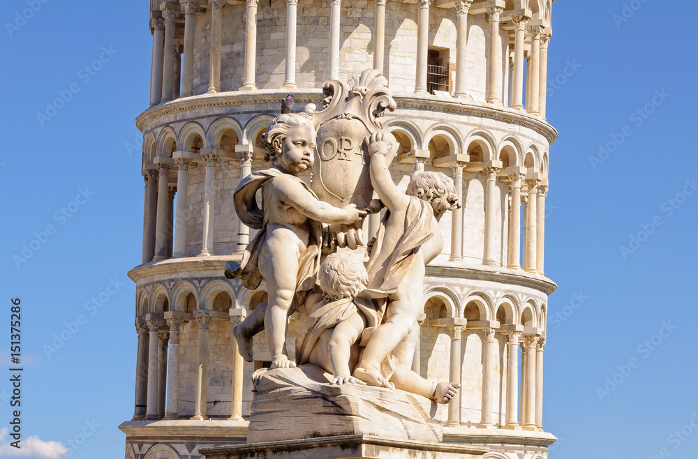 A pigeon sitting on the head of one of the opa cherubs in front of the Leaning Tower in Pisa, Tuscany, Italy