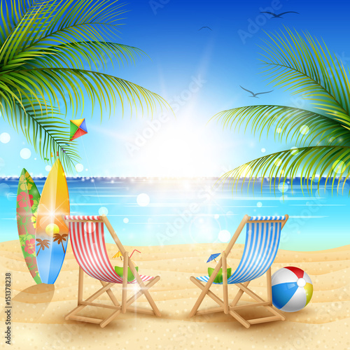 Summer holidays beach background with chair and surfboards