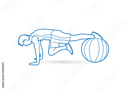 Man exercising fitness swiss ball, male with pilates ball outline graphic vector