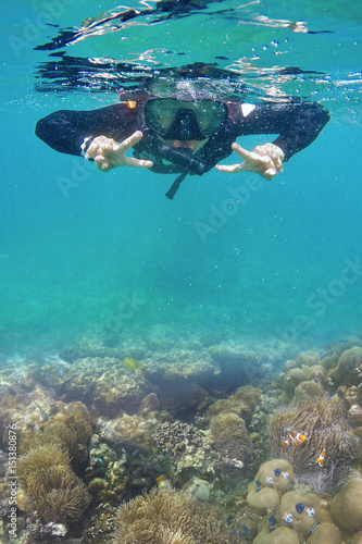 Women dives in a tropical sea