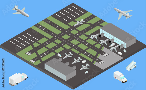 Isometric airport buildings, airplanes on the apron and runway